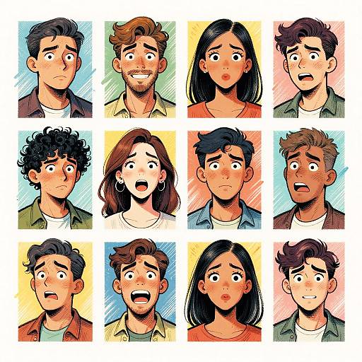 Digital illustration of 12 diverse, expressive cartoon faces showing various emotions, arranged in a 4x3 grid with colorful backgrounds.