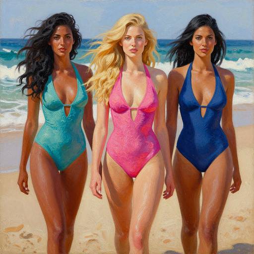 Photograph of three women in colorful one-piece swimsuits walking on a sunny beach, with blue ocean waves in the background.