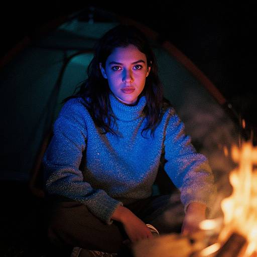 Photograph of a young woman with long dark hair, wearing a blue knit sweater, gazing intently at a vivid campfire in a dark,