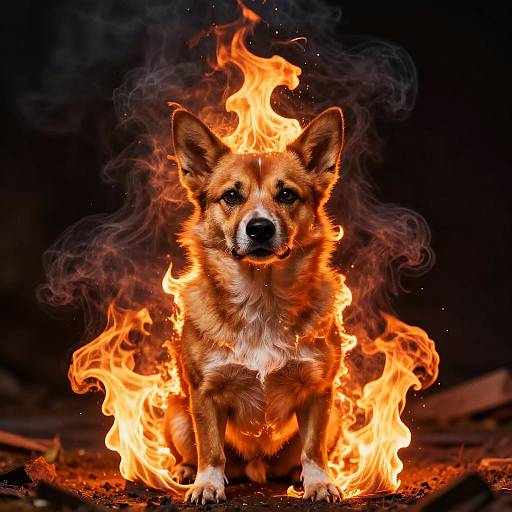 Photograph of a fiery-eyed, orange-brown corgi with flames engulfing its body, sitting stoically against a dark, smoky background
