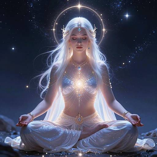 Digital artwork of a glowing white-haired woman in a celestial outfit, meditating cross-legged against a starry night sky. Golden halo and intricate jewelry enhance