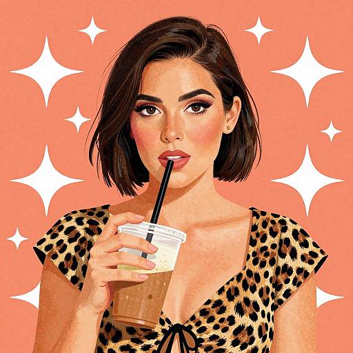 Digital artwork of a fair-skinned woman with short black hair, sipping a bubble tea through a straw, wearing a leopard-print top, against a