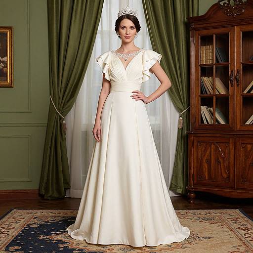 Photograph of a slender woman with fair skin and dark hair, wearing a white, V-neck, short-sleeved wedding gown and silver tiara