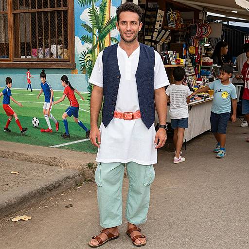 Photograph of a smiling man with dark hair, white shirt, teal pants, brown belt, and black vest, standing in a vibrant street market with