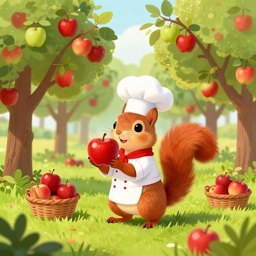 Digital illustration of a cute, red squirrel in a white chef's hat and red scarf, holding an apple in a sunny orchard.