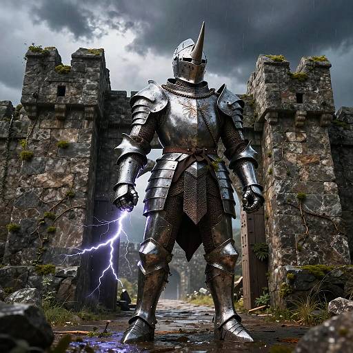 Photorealistic CGI of a knight in shiny silver armor, holding a lightning bolt, standing in a ruined, moss-covered castle under a stormy sky