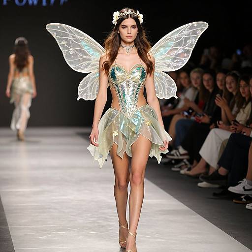 Fashion runway photograph of a brunette model with long hair, wearing a sparkling fairy costume with transparent wings, floral headband, and shimmering green bodice