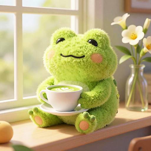 Whimsical Lime Green Frog with Matcha