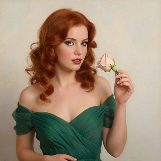 Photograph of a fair-skinned woman with wavy red hair, wearing an off-shoulder green dress, gently holding a pink rose near her