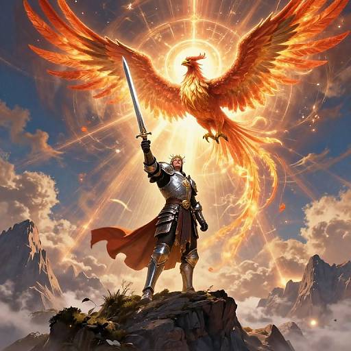Digital art: armored knight with raised sword stands on rocky peak, fiery phoenix with outstretched wings behind, radiant sunburst, mountains in background.