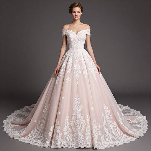 Photograph of a slender woman in an off-the-shoulder, lace-adorned, ivory wedding gown with a long, trailing train, standing