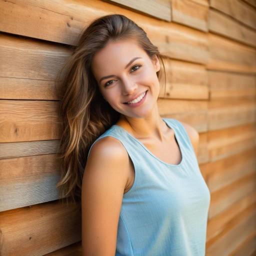Smiling Young Woman in Blue Top by Wooden Wall