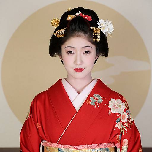 Photograph of a young Japanese woman with fair skin, red kimono adorned with floral patterns, black hair styled in an elaborate updo with gold and
