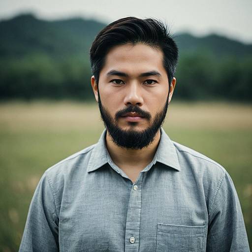 Portrait of Asian Man in Linen Shirt Outdoors