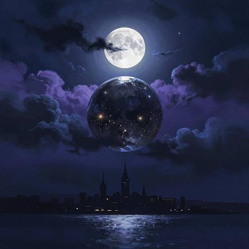 Moonlit Metallic Sphere Over Mystic City