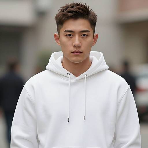 Photograph of an East Asian man with short, dark hair wearing a white hoodie, standing outdoors with a blurred urban background.