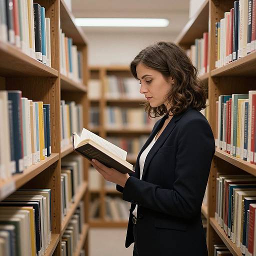 Photograph of a focused brunette woman in a black blazer, reading a book in a brightly lit library aisle with wooden shelves filled with colorful books.