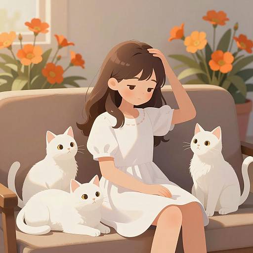 Serene Girl with Cats and Flowers