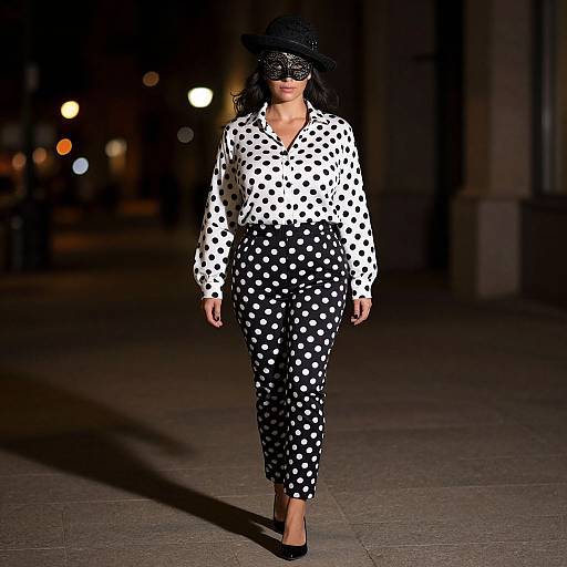 Photograph of a woman in a black and white polka dot jumpsuit, long sleeves, mask, and black hat, walking a nighttime runway.