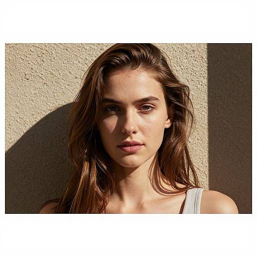 Photograph of a young woman with long brown hair, fair skin, and brown eyes, standing against a sunlit, textured beige wall. She wears