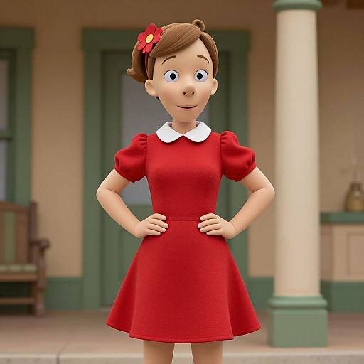 3D cartoon girl with brown hair, red dress, white collar, red flower hairpin, hands on hips, smiling, standing in front of green