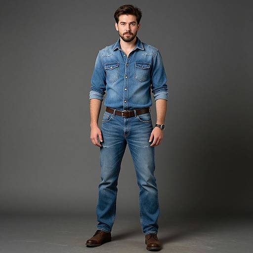 Photograph of a bearded man with short brown hair, wearing a blue denim shirt and jeans, brown belt, black watch, and brown shoes,
