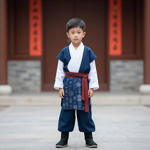 Photograph of a young Asian boy in traditional martial arts uniform, standing in front of a red-lit, wooden temple.