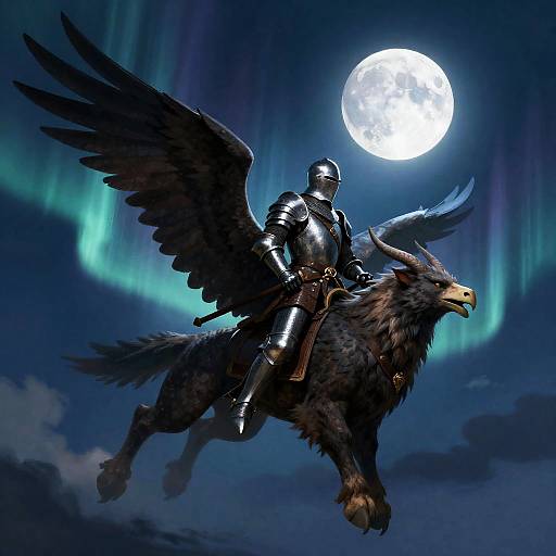 Griffin Cavalier Soaring Beneath Sapphire Aurora