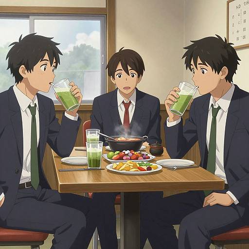 Three anime-style young men in dark suits drink green drinks at a wooden table with a plate of food and steaming dish. Bright window background. Casual