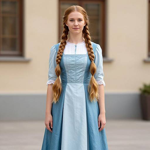 Photograph of a young woman with long, braided brown hair, wearing a light blue dress with white lace trim, standing in front of a beige