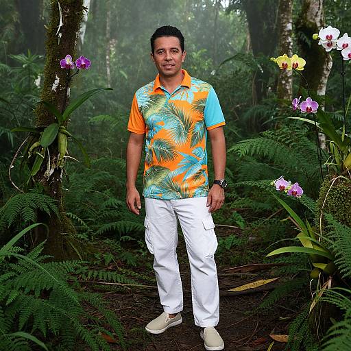 Man in Tropical Polo Amid Rainforest