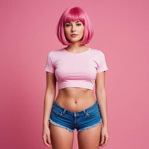 Stylish Girl in Pink Wig and Outfit