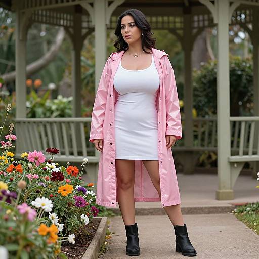 Photograph of a curvy woman with dark hair, wearing a white tank dress, pink raincoat, and black boots, standing in a garden with