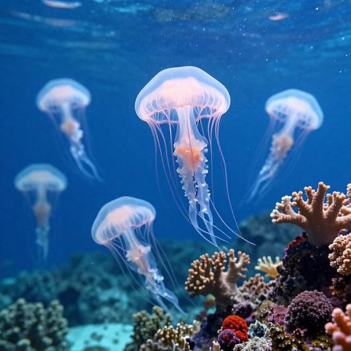 Photograph of four glowing blue jellyfish floating above a vibrant coral reef with colorful corals in a deep blue ocean.