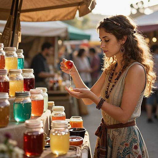 Photograph of a curly-haired woman in a bohemian dress, examining a jar of honey at a colorful market stall.