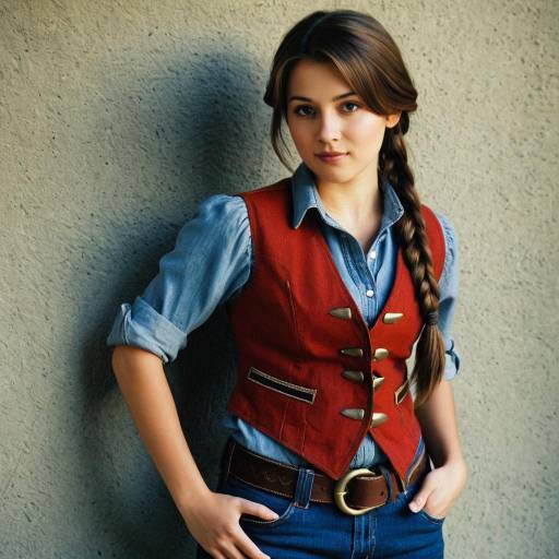 Young Woman in Red Vest and Denim Shirt
