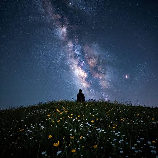 Silhouette of person sitting on grassy hill, gazing at Milky Way galaxy in star-filled night sky, dotted with yellow and white flowers.