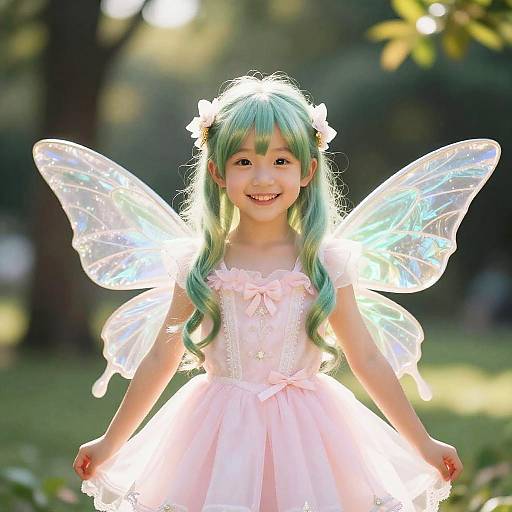 Photograph of a smiling young Asian girl with green hair, wearing a pink dress and translucent fairy wings, standing in a sunlit park.