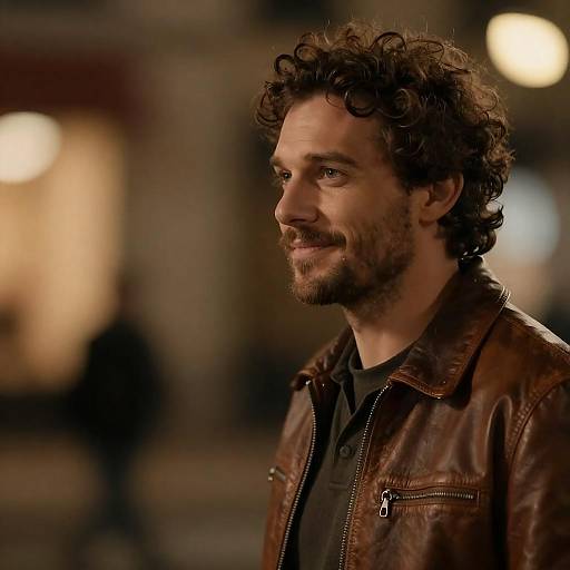 Smiling man in brown leather jacket