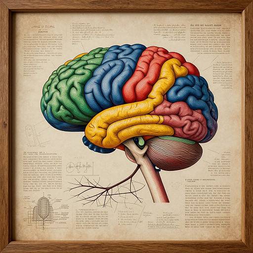 Colorful, detailed anatomical illustration of a human brain in a wooden frame, with text and diagrams on a beige background.