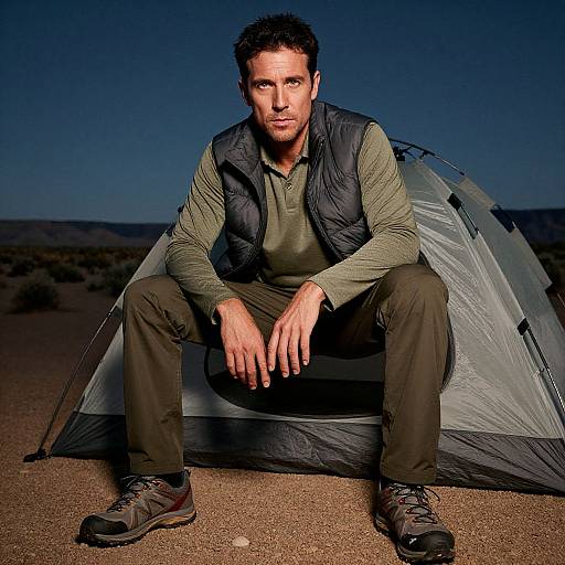 Photograph of a serious, bearded man with short dark hair, wearing a green shirt, black vest, and brown pants, sitting in front of