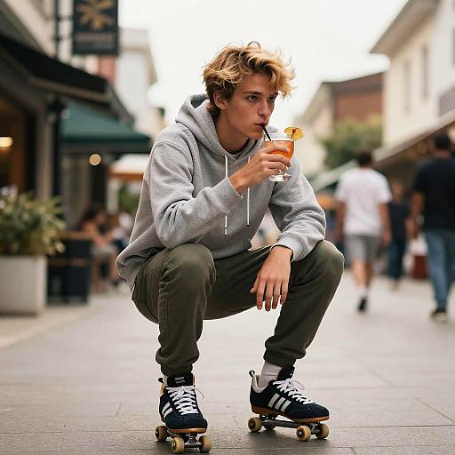 Young man with messy blonde hair, gray hoodie, green pants, and black roller skates sips from a glass while crouching on a city