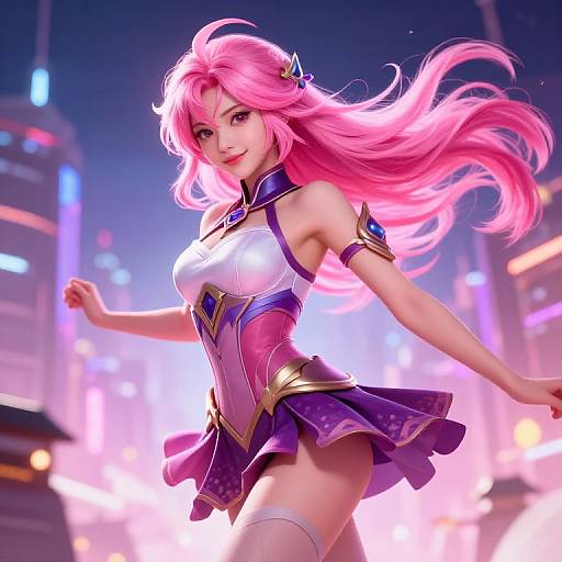 Digital art of a pink-haired anime woman in a futuristic, purple and white outfit, running through a neon-lit city street at night.