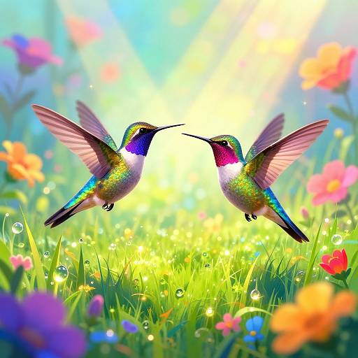 Photograph of two vibrant, iridescent hummingbirds with green, blue, and purple feathers, hovering mid-flight in a sunlit, colorful me