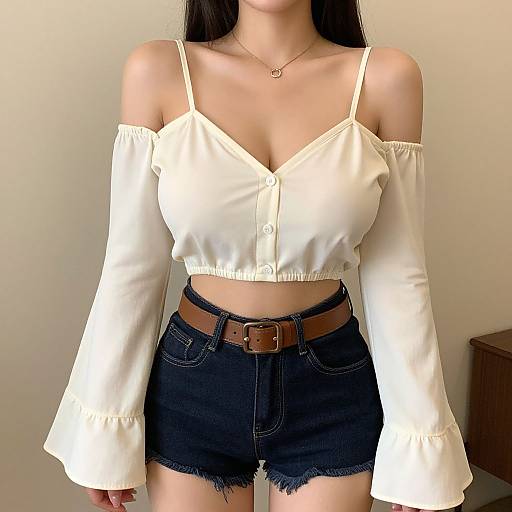 Photograph of an Asian woman with long black hair, wearing a white off-shoulder crop top, black high-waisted denim shorts with fr