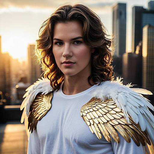 Young Man in Angel Costume with Golden Wings