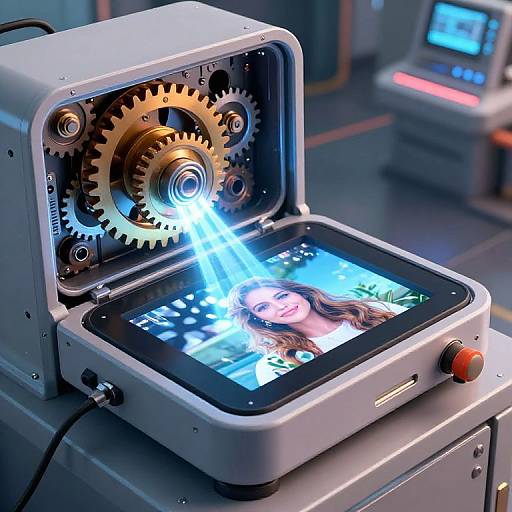 Photorealistic CGI of a futuristic device with exposed gears, projecting a blue laser onto a smartphone screen showing a smiling woman.