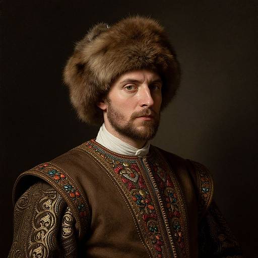 Photograph of a bearded man with light skin, wearing a fur hat and ornate brown embroidered garment, against a dark background.