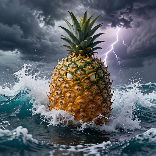 Photograph of a pineapple emerging from turbulent ocean waves, lightning striking in a stormy, dark cloud-filled sky above.