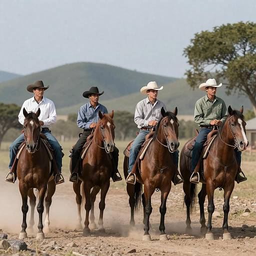 Four Cowboys Riding Through Dusty Hills